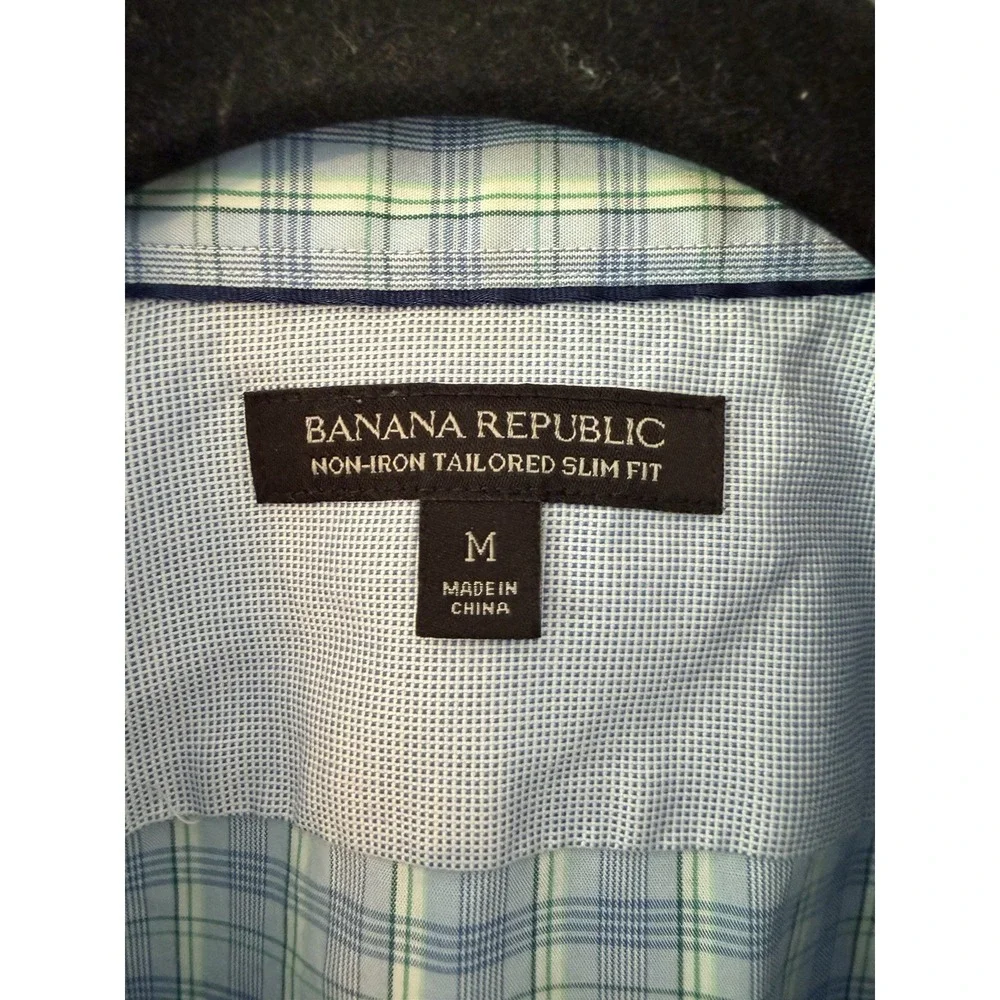 Banana Republic Mens Slim Fit Non-Iron Plaid Button Up Shirt Blue White Size M